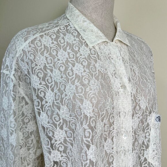 Vintage MONTRER Off-White Lace Button-Up 3/4 Sleeve Shirt Made in Korea Size L - Picture 3 of 9